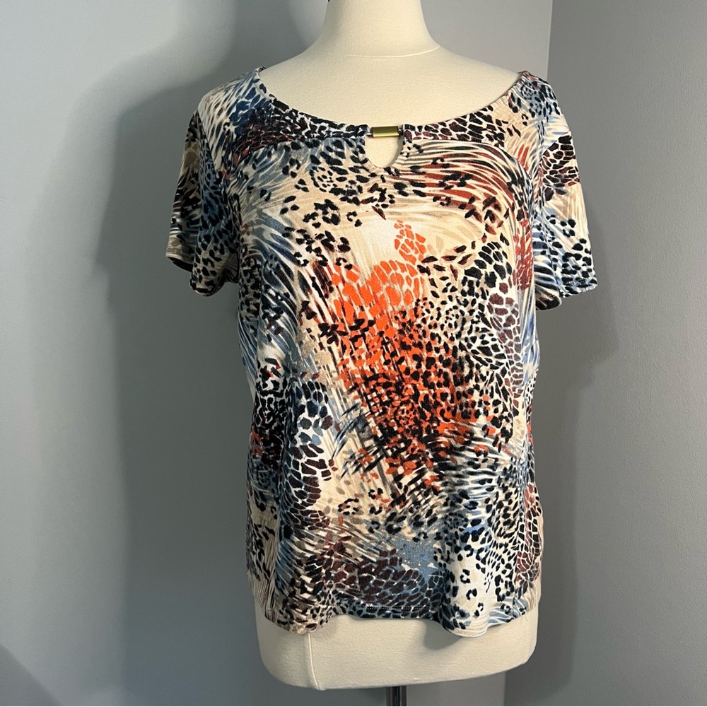 Rafaella XL Multicolor Animal Print Short Sleeve Top Keyhole Neck